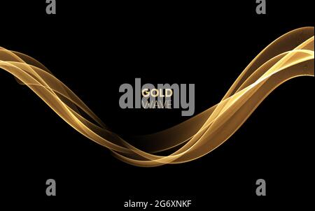 Abstract Gold Waves. Shiny golden moving lines design element on dark background for greeting card and disqount voucher. Stock Vector