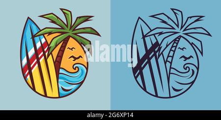 Surfboard with palm tree in different styles. Surfing concept art. Stock Vector
