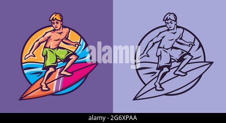 Man standing on surfboard in different styles. Surfing concept art. Stock Vector