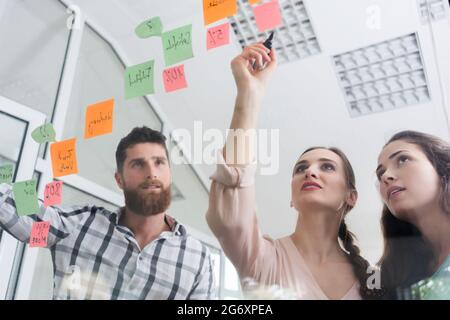 Low-angle view of reliable young workers posting reminders on the transparent wall of an office, next to their colleague in a modern co-working space Stock Photo