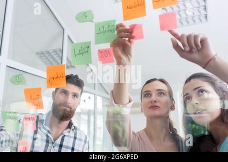 Low-angle view of reliable young workers posting reminders on the transparent wall of an office, next to their colleague in a modern co-working space Stock Photo