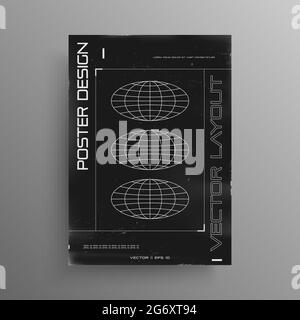 Retrofuturistic black and white poster design with ellipse planets. Retro cyberpunk cover poster with HUD elements. Template for flyer design for Stock Vector