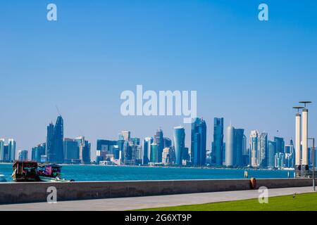 Skylines of Middle East, Qatar in the city Doha, from corniche next to MIA park
