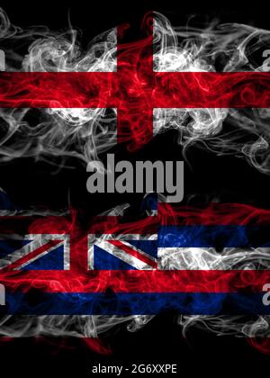 Flag of England, English and United States of America, America, US, USA, American, Hawaii, Hawaiian countries with smoky effect Stock Photo