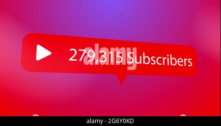Play button icon, subscribers text and increasing numbers on speech bubble against red background Stock Photo