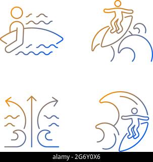 Riding wave using board gradient linear vector icons set Stock Vector