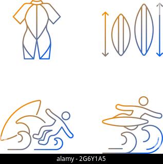 Surf riding gradient linear vector icons set Stock Vector