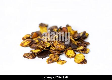 crispy cornflack chocolate snack and almond mix on white isolated Stock Photo