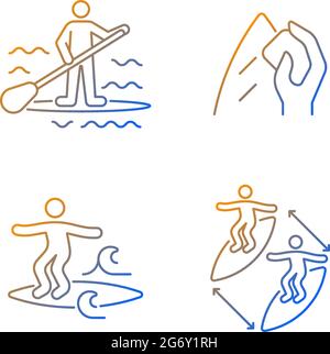 Riding waves in ocean gradient linear vector icons set Stock Vector