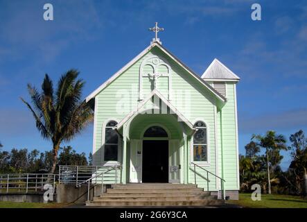 Historic early 1900's church called the Star of the Sea Painted Church is located on the Big Island of Hawaii.  Catholic church has painted murals by Stock Photo