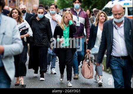 Turin, Italy. 08 July 2021. Giorgia Meloni, President of Fratelli d'Italia (Brothers of Italy), looks dejected after a presentation of her book 'Io sono Giorgia' (I'm Giorgia). Credit: Nicolò Campo/Alamy Live News Stock Photo