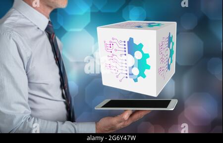 Digital disruption concept above a tablet held by a man Stock Photo