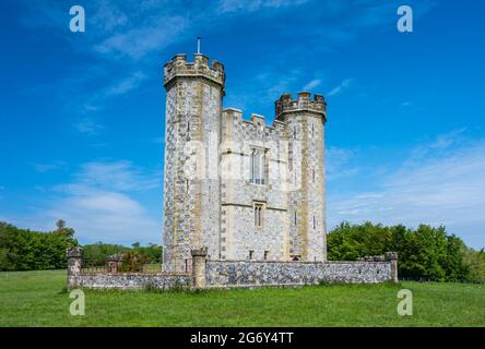 Hiorne Tower in Arundel Park, an 18th century folly by Sir Francis Hiorne in Gothic revival style located in Arundel Park, Arundel, West Sussex, UK. Stock Photo