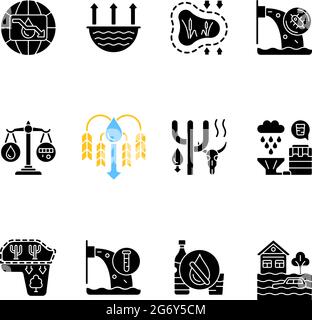 Global water crisis black glyph icons set on white space Stock Vector