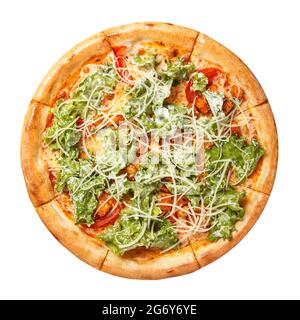 Pizza with tomato slices, spicy crackers, cheese, lettuce leaves and white sauce overhead view isolated on white background. Stock Photo