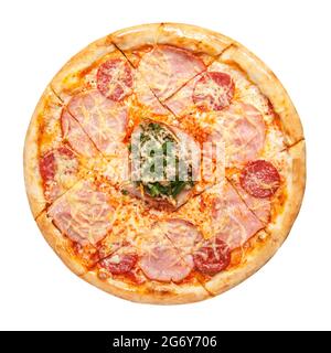 Pizza with bacon slices and salami with cheese decorated with herbs top view isolated on white background. Stock Photo