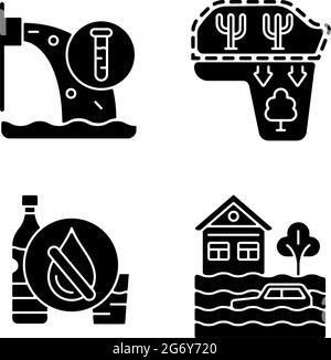 Water stress black glyph icons set on white space Stock Vector