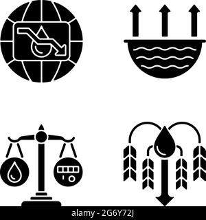 Suffering from water shortage black glyph icons set on white space Stock Vector