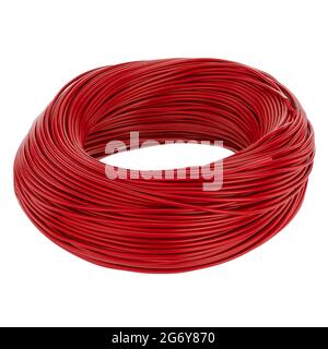 red Closeup shot of rolled electrical wire isolated on a white background Stock Photo