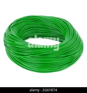 Closeup shot of rolled green electrical wire isolated on a white background Stock Photo