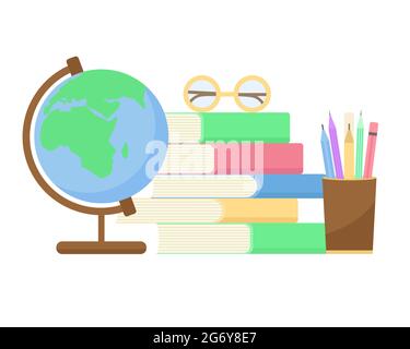 School stationery set, vector flat illustrations. Concept, welcome back to school. Stationery and books. Education and study banner. Stock Vector