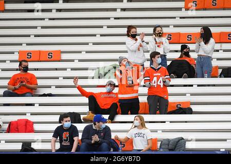 Syracuse, New York, USA. 06th Mar, 2021. Fans cheer while socially distant prior to an NCAA mens lacrosse game between the Vermont Catamounts and the Syracuse Orange on Saturday, March 6, 2021 at the Carrier Dome in Syracuse, New York. Syracuse won 17-13. Rich Barnes/CSM/Alamy Live News Stock Photo