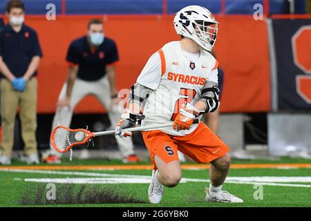 Syracuse, New York, USA. 06th Mar, 2021. Syracuse Orange attackman Griffin Cook (2) dodges to the goal against the Vermont Catamounts during the first half of an NCAA mens lacrosse game on Saturday, March 6, 2021 at the Carrier Dome in Syracuse, New York. Syracuse won 17-13. Rich Barnes/CSM/Alamy Live News Stock Photo