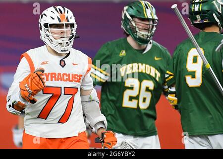 Syracuse, New York, USA. 06th Mar, 2021. Syracuse Orange attackman Owen Hiltz (77) reacts to his goal against the Vermont Catamounts during the second half of an NCAA mens lacrosse game on Saturday, March 6, 2021 at the Carrier Dome in Syracuse, New York. Syracuse won 17-13. Rich Barnes/CSM/Alamy Live News Stock Photo