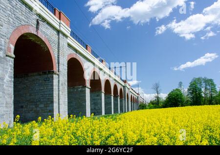 Beautiful scene of viaduct type of bridge surrounded by green fields Stock Photo