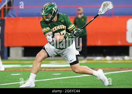 Syracuse, New York, USA. 06th Mar, 2021. Vermont Catamounts attackman Michael McCormack (97) shoots the ball against the Syracuse Orange during the second half of an NCAA mens lacrosse game on Saturday, March 6, 2021 at the Carrier Dome in Syracuse, New York. Syracuse won 17-13. Rich Barnes/CSM/Alamy Live News Stock Photo