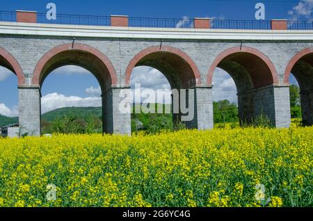 Beautiful scene of viaduct type of bridge surrounded by green fields Stock Photo