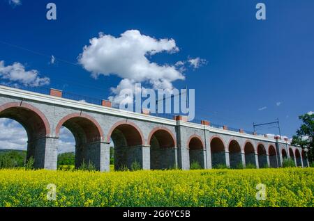 Beautiful scene of viaduct type of bridge surrounded by green fields Stock Photo