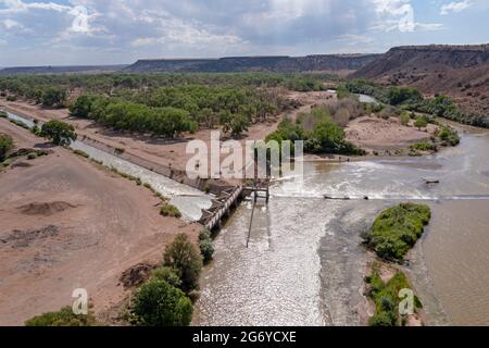 Algodones, New Mexico - The Angostura Diversion dam sends water from the Rio Grande into irrigation canals. Much of the state is experiencing extreme Stock Photo