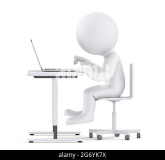 Man sitting at the desk and working on a laptop. 3D illustration. Isolated Stock Photo