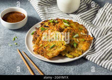 Homemade Korean Vegetable Pancakes with Soy Dipping Sauce Stock Photo