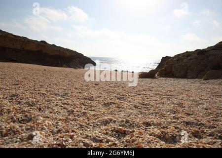 The Shell Inlet, thickly carpeted with shells, Oysters and Conches.  See the Sandstone rocks on the Carmel Coast of the Mediterranean Sea. Stock Photo