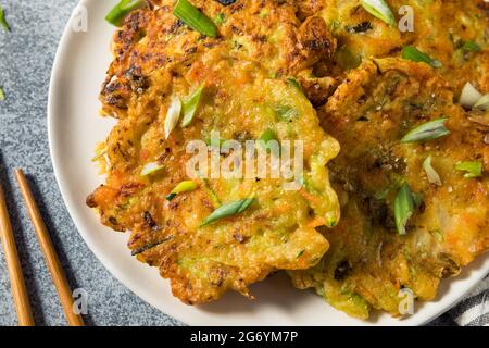 Homemade Korean Vegetable Pancakes with Soy Dipping Sauce Stock Photo