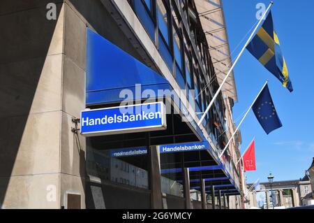 Copenhagen /Denmark./ 14.June 2019/ .Swedish Embassy and Swedish Handelsbanken  have smae adress in same building Amaliengade in Copenhagen Denmark and swedish flags fly along wit european union blue flag with star on building in Copenhagen Denmark. (Photo..Francis Dean / Deanpictures.