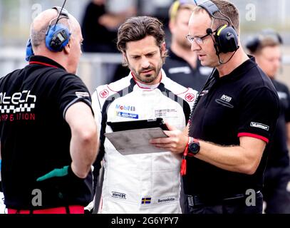 Prince Carl Philip drive the Porsche Carrera Cup Scandinavia in Falkenberg, Sweden, on July 9, 2021. Photo by Johan Valkonen/Stella Pictures/ABACAPRESS.COM Stock Photo