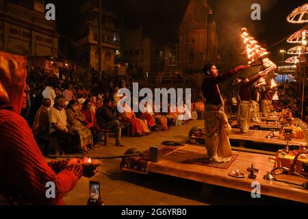 Varanasi, India 01 February 2021 Ganga aarti ceremony rituals performed by Hindu priests at Dashashwamedh Ghat in Varanasi Uttar Pradesh India Stock Photo