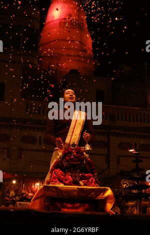 Varanasi, India 01 February 2021 Ganga aarti ceremony rituals performed by Hindu priests at Dashashwamedh Ghat in Varanasi Uttar Pradesh India Stock Photo