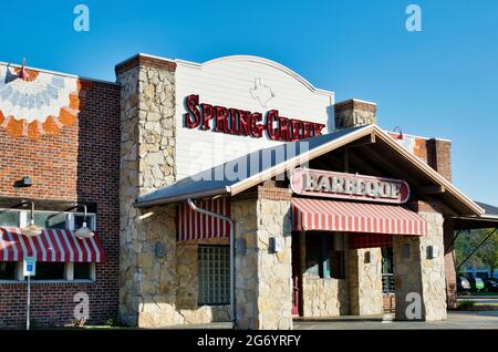 Houston, Texas USA 03-26-2021: Spring Creek Barbecue building exterior in Houston, TX. Part of Carroll Family Restaurants chain. Stock Photo