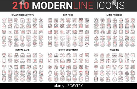 Sea food menu, sport fitness equipment, wedding ceremony, dental care medicine thin red black line icon vector illustration set. Outline mind brain process, brainstorm human productivity collection Stock Vector