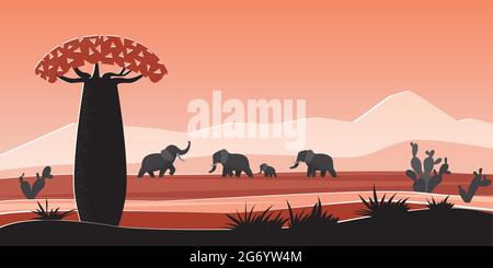 African animals in wild nature landscape of Africa vector illustration. Cartoon safari panorama scenery with tropical flora and fauna, silhouettes of elephants, baobab and cacti in prairie savannah Stock Vector