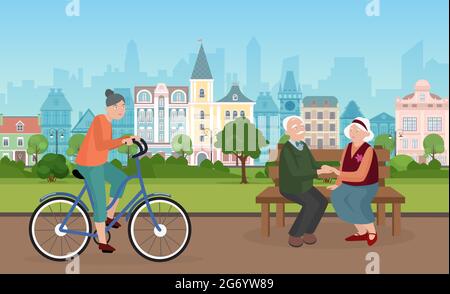 People spend time in city park vector illustration. Cartoon cityscape with elderly couple characters sitting on bench together, holding hands, woman cycling, riding bicycle on street road background Stock Vector