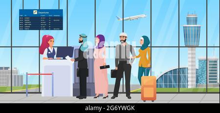 Air flight check queue with saudi arab people vector illustration. Cartoon muslim tourist characters standing in line with travel bag, airline worker checking ticket at airport gate desk background Stock Vector