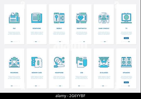 Electric devices for home and office vector illustration. UX, UI onboarding mobile app page screen set with line desktop mobile phone fax, smart watch, game console joystick, microphone and headphones Stock Vector
