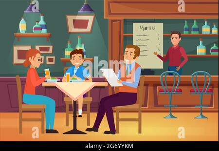 Family people eat food in cafe vector illustration. Cartoon young mother father and boy son characters eating dinner, sitting at table and dining in interior of cafeteria or restaurant background Stock Vector