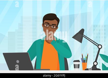 People think, businessman thinking vector illustration. Cartoon young serious man manager character working, sitting at office table with laptop in thoughts in search of business work idea background Stock Vector