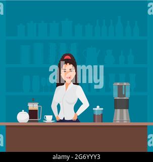 Barista girl in coffee shop cafe interior vector illustration. Cartoon beautiful young woman character standing at table with coffee machine and cups, working in modern bar cafeteria background Stock Vector